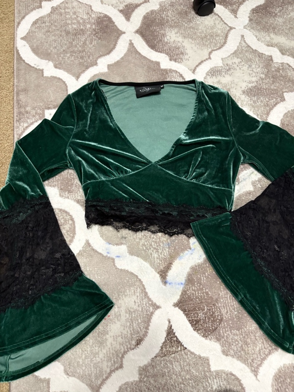 Killstar Emerald Velvet Lace-Trim Crop Wrap Top